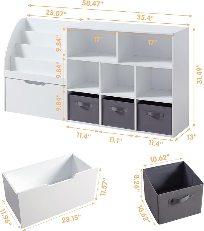 Kids Bookshelf and Toy Storage, 58.5’’ Toy Storage Organizer with Movable Chests & 3 Storage Bins, Large Kids Reading Nook Toy Organizers and Storage with 5 Cubbies for Playroom, Bedroom, White