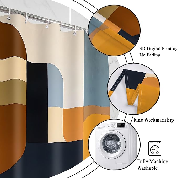 Brown Mid Century Shower Curtain, Abstract Geometric Modern Pattern, Navy Blue and Yellow Boho Bathroom Decor, Retro Art Waterproof Fabric Bath with Hooks, 70x84 Inch