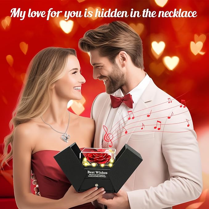 Christmas Birthday Gifts for Women - Preserved Real Rose with I Love You Heart 100-Language Necklace, LED Lights & Music Gift Box, Christmas for Women Girlfriend Mom
