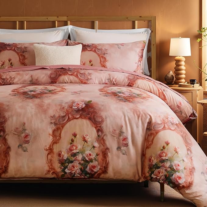 100% Cotton Duvet Cover Set King Size – Pink French Vintage Rose Bedding with Zipper Closure, 3-Piece Luxury Romantic Shabby Chic Floral Comforter Cover with 2 Pillowcases