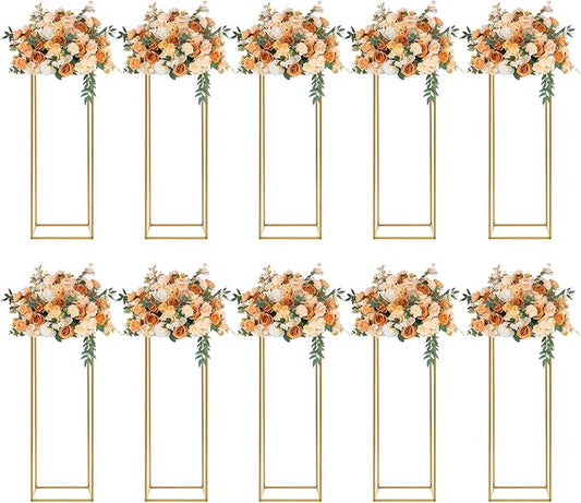 10Pcs Gold Wedding Flower Stands, Metal Column Flower Holder Gold Flower Centerpieces Stands Wedding Metal Centerpieces Rectangular Vase for Wedding Decorations Party Event (10Pcs 31.4in)