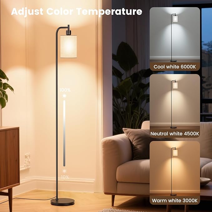 SIBRILLE Floor Lamp with Linen Shade, Dimmable Tall Standing Lamp with Remote Control & 3 Color Temperatures, Modern Floor Lamps for Living Room Bedroom Office Corner, 9W LED Bulb Included