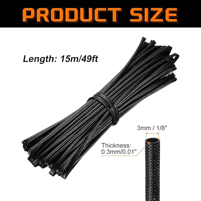 MECCANIXITY 49ft Braided Cable Sleeve, 1/8" ID 200C High Temperature 1500V Fiberglass Wire Insulation Cord Protector Organizer Wires Management for Motor Engine Fuel Line, Black