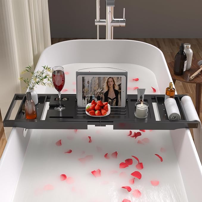 Bathtub Caddy Tray for Tub,Foldable Bath Table Trays,Bamboo Shelf with Book and Wine Glass Holder,Bathroom Accessories Suitable for Luxury Spa or Reading,Black