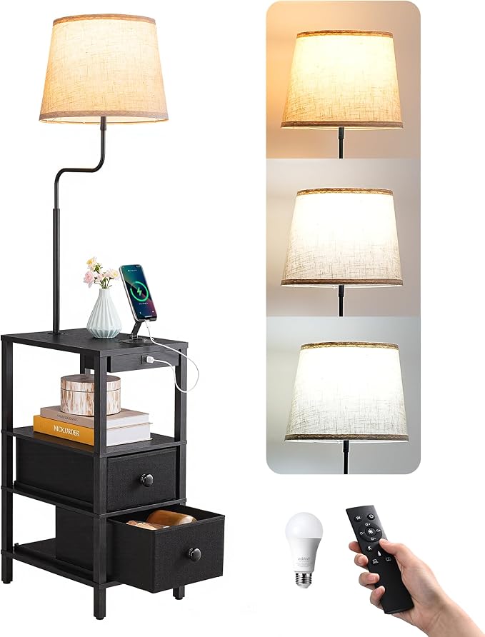 EDISHINE Floor Lamp with Table, USB-A+Type-C Port, Dimmable Bedside Floor Lamp with Shelves, Farmhouse Remote Nightstand Light for Living Room, Bedroom, Den, Office, Bulb Included, Black