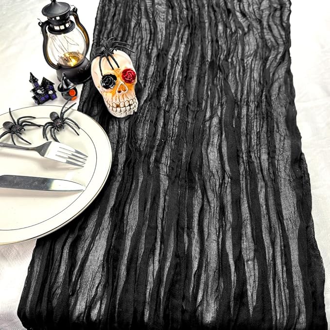 Booque Valley Black Table Runner 3 Pack Cheesecloth 10ft Super Soft Boho Wrinkled Gauze Sheer Cloth for Baby Shower Baptism Birthday Party Wedding Centerpiece Table Halloween Decoration, 35x120 Inch