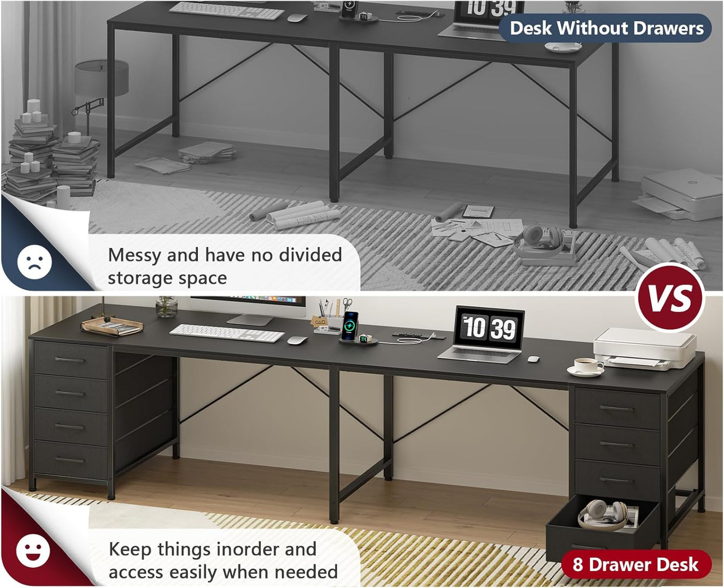 TVU 95 | Large 2-Person Writing Desk with 8 Drawers & Outlets - I-Shaped Home Office Workstation