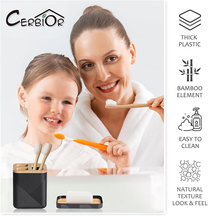 CERBIOR Bathroom Accessories Set 6 Piece Bamboo Bath Ensemble Includes Soap Dispenser, Toothbrush Holder, Toothbrush Cup, Soap Dish for Decorative Countertop and Housewarming Gift (Black)