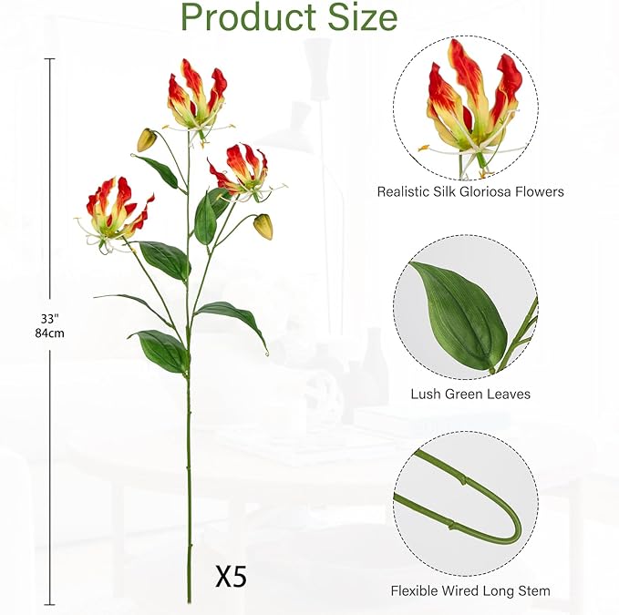 Briful Set of 5 Artificial Flowers Sprays Fake Gloriosa Superba Flowers, Red Orange Faux Flame Lily Flowers Bouquet Floral Arrangement for Vase Wedding Home Farmhouse Centerpieces Decor