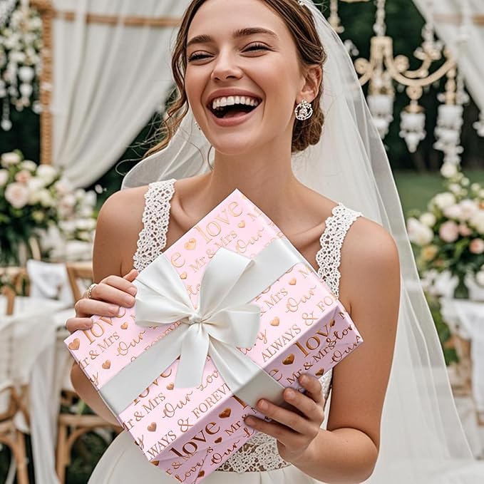 RUSPEPA Wedding Wrapping Paper Roll, Mini Roll, 17 Inches x 16.5 Feet, Pink Rose Gold Foil Ring Design, Perfect for Wedding, Bridal Shower, Anniversary