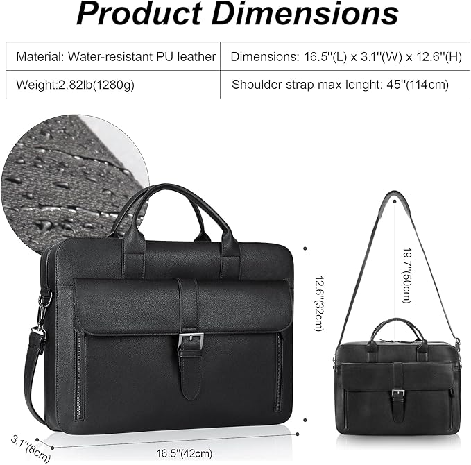 ESTARER Laptop Briefcase 15.6 Inch, Men’s Briefcase for Business/Travel, Leather Computer Office Work Bag, Water Resistant Laptop Bag, Black