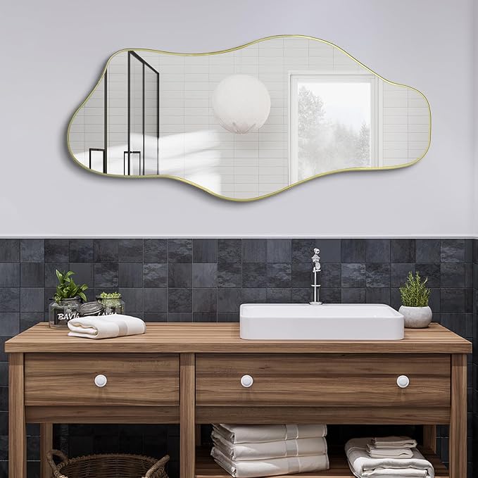 Irregular Wall Mirror, 54.5"x24" Asymmetrical Tempered Glass Mirror, Large Organic Shape Frameless Mirrors for Entryway Hallway Bedroom Living Room, Horizontal or Vertical Hanging