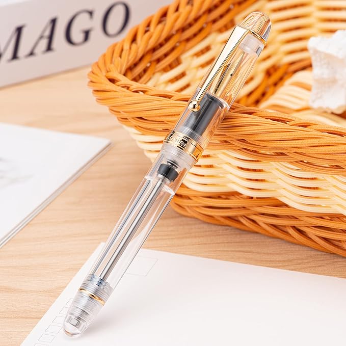 Asvine V126 Vacuum Filling Fountain Pen Medium Nib, Transparent Clear Acrylic, Large-Capacity with Gift Case