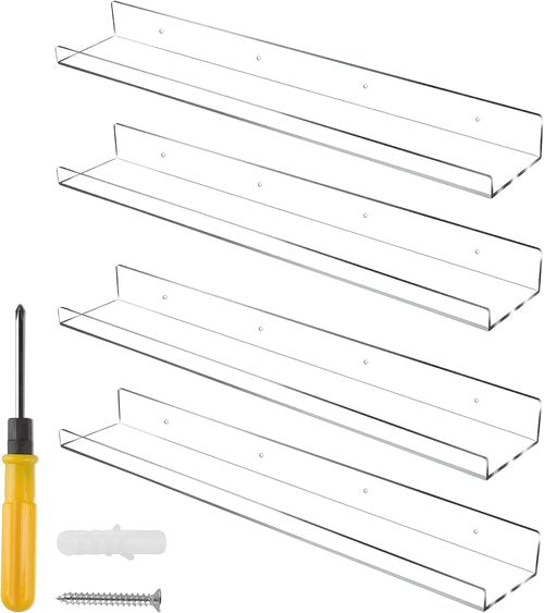 Jansburg 24-Inch Clear Acrylic Floating Shelves - 4 Pack Invisible Wall Ledge for Bathroom & Kitchen Organization