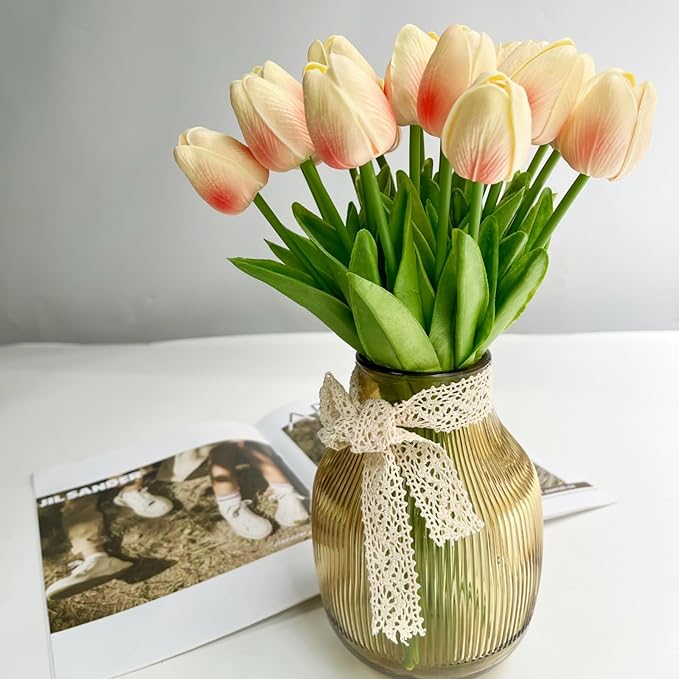 20 Pcs 13” Real Touch Champagne Pink Tulips Artificial Flowers, Latex Pu Fake Faux Lifelike Flowers with Stems, for Wedding Bouquet Christmas Home Decor