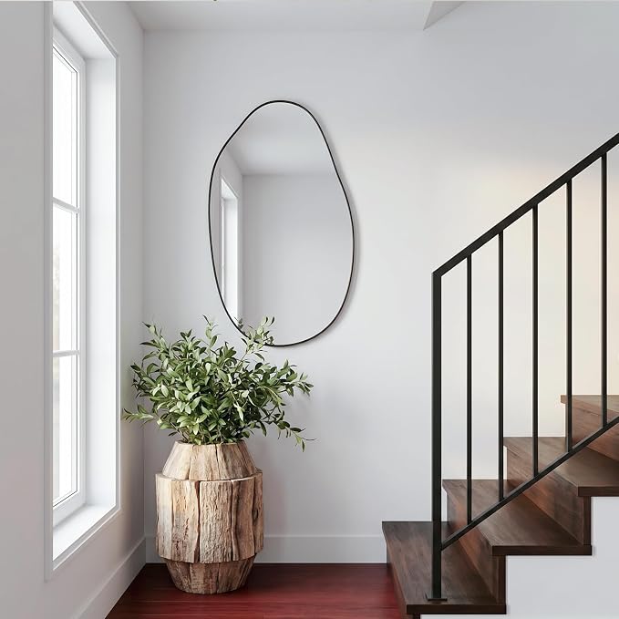 Black Mirror for Bathroom,20.5"x33.5" Wood Framed Vanity Mirror,Irregular Oval Wall Mirror Asymmetrical Aesthetic Mirror for Living Room Bedroom Entryway Horizontal/Vertical