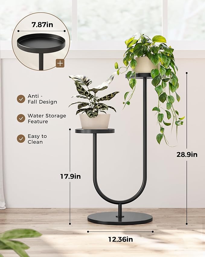 Bamworld Outdoor Plant Stand Metal Plant Stand Indoor Corner Plant Stands 2 Tier Plant Shelf for Tall Plant Holder Black Plant Shelves for Living Room Bedroom Midcentury Modern Home Decor