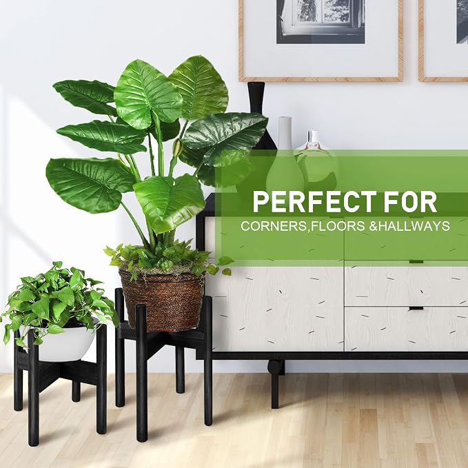 2 Pack Bamboo Plant Stands, Adjustable Plant Stand Indoor, Mid Century Modern Plant Stand, Plant Holder for Living Room, Balcony Fits 8 to 12 Inches Pots (Black)