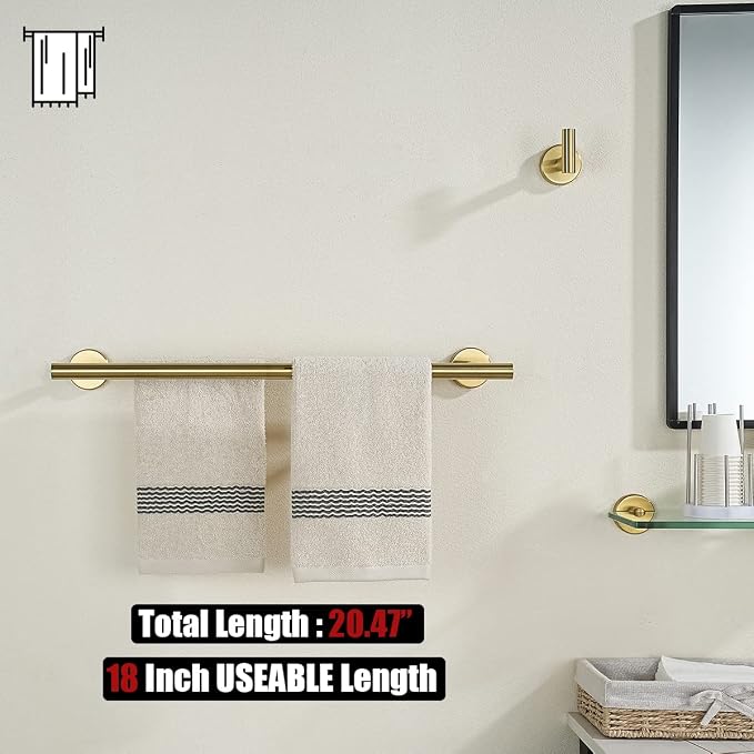 JQK Gold Double Towel Bar, 20.5 Inch 304 Stainless Steel Thicken 0.8mm Towel Rack Bathroom, Towel Holder Brushed Gold Wall Mount, Useable Length 18 Inch 2 Pack, TB100L18-BG-P2