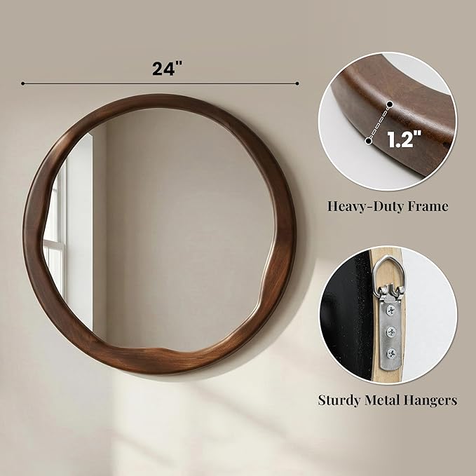 Dark Walnut Round Wall Mirror 24 Inch, Solid Wood Framed Mirror with Asymmetrical Wavy Inner Edge for Entryway, Organic Decor for Hallway & Bathroom