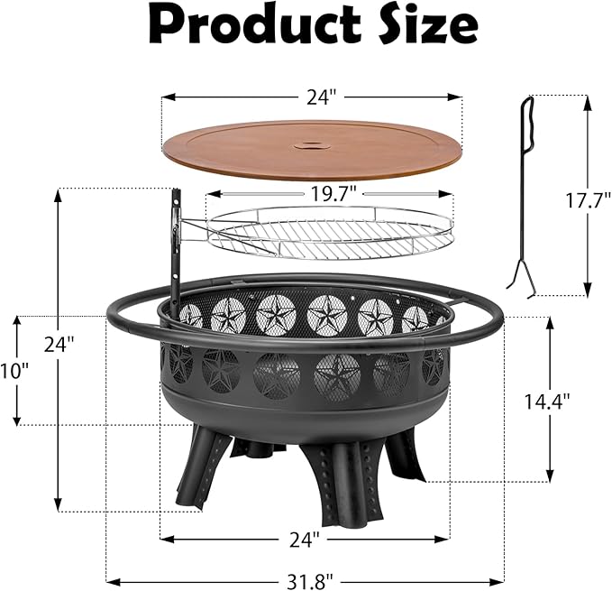 Verdeluxe 32 Inch Fire Pit with Swivel Cooking Grate,3-in-1 Wood Burning Firepit with Grill,Outdoor Fire Pits Table with Metal Lid and Poker for Outside Patio Backyard BBQ Bonfire Camping (32 Inch)