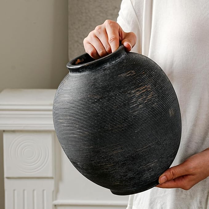 Black Round Ceramic Vase, 9.8 inch Large Textured Flower Vase,Minimalist Rustic Farmhouse Decor for Home, Living Room, Shelf, Table, Bathroom & Entryway Decoration (Black Bronze)