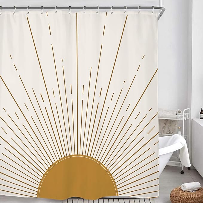 Miyotaa Abstract Sun Shower Curtain Set 71Wx71H Inches Modern Minimalist Mid Century Aesthetic Mustard Yellow Sunburst Sunrise Simple Polyester Waterproof Cloth Bathroom Curtain with 12 Hooks