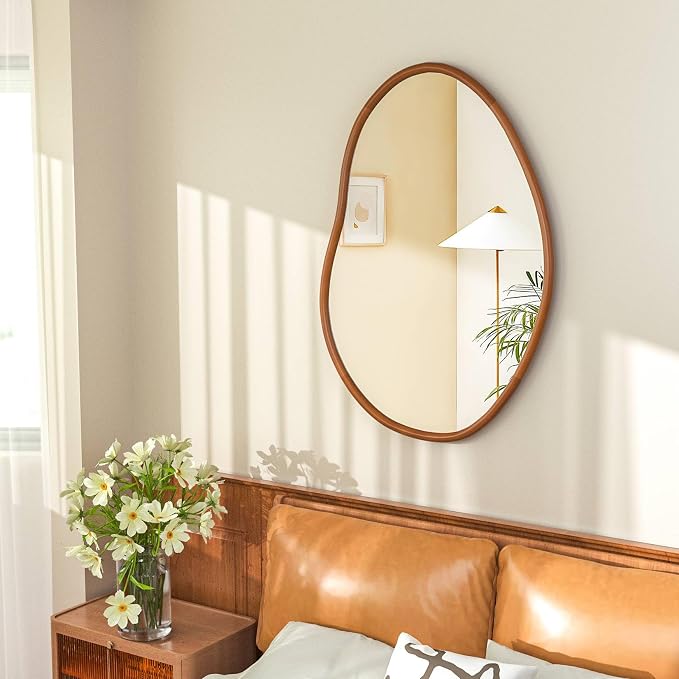 Irregular Wall Mirror Asymmetrical: Abstract Wood Frame 32x22 inch | Unique Vanity Glass Mirrors, Cloud-shape, Horizontal Vertical Hanging, Sleek Entryway Accent