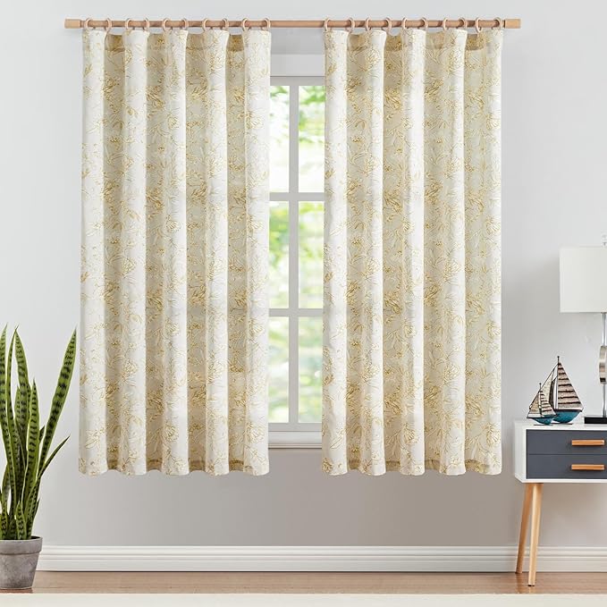 jinchan Floral Curtains 63 Inch Length Mustard Yellow Flower Linen Farmhouse Curtain for Living Room French Country Vintage Curtain Rod Pocket Curtains Set 2 Panels Floral Printed
