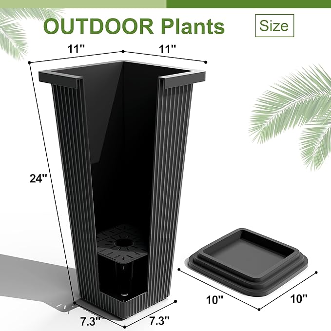 24" Tall Planters for Outdoor Plants, Set of 2 Large Outdoor Planters for Front Porch Decor with Drainage Hole, Front Porch Decor (Stripes-Black)