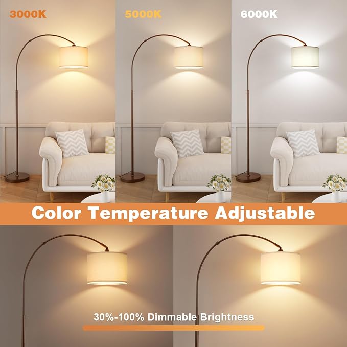 Ambimall Dimmable Arc Floor Lamp with Remote, Color Temperatures and Brightness Adjustable, Arched Floor Lamp with Rotating Head, Over Couch Arched Reading Light for Living Room (Deep Beige and Brown)