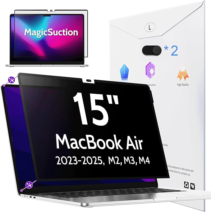 Peslv Privacy Screen for MacBook Air 15 Inch (2023-2025, M2, M3, M4)- A2941 A3114 A3241, MagicSuction™ Removable Anti Spy Black Protector, Glare Blue Light Filter for Mac Laptop Computer