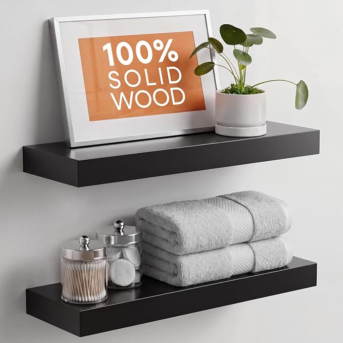 Homeforia Black Floating Shelf 20 inch, High End Solid Real Wood 20inch Bathroom Floating Shelves for Wall Mounted, Black Wooden 20in Floating Shelves, Heavy Duty Bracket, 20 X 6.5 X 1.75 in, Set of 4
