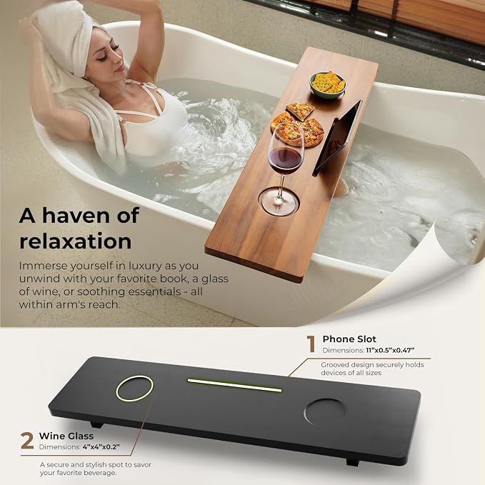 Tinamo Black Bathtub Caddy Tray Table | 35x9x2.5 Inch Large Bath Tub Tray Wooden | Anti-Tipping, Sustainable Tub Tray for Bathtub | Bathtub Accessories Holders for Bathtub (Acacia Wood)