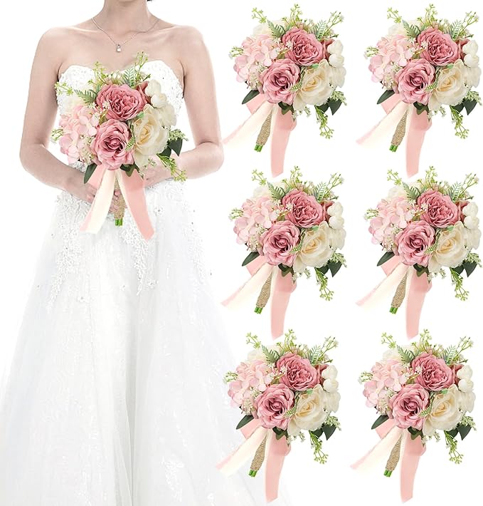 Set of 6 Wedding Bridesmaid Bouquets - 7 Inch Artificial Flowers Bouquets for Ceremony Anniversary Centerpieces Decorations - Pink & White