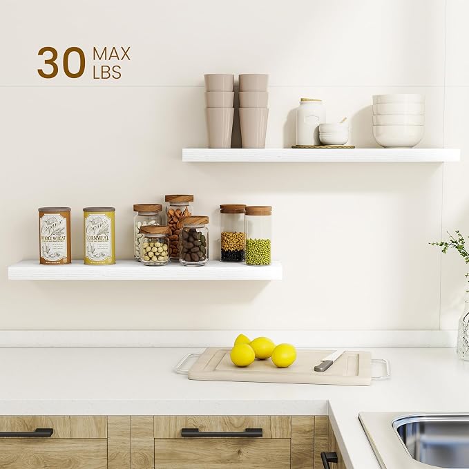 Dreamland 30Inch Floating Shelves for Wall, Rustic Wooden White Floating Shelves for Bathroom|Bedroom|Kitchen, Deep Wall Mounted Book Shelf, Wood Storage Display Shelf for Home Decor, Set of 2