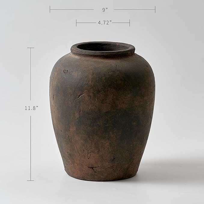 LB2 Brown Ceramic Large Vase, 11" Tall Zen Style vase, Terra Cotta Pitcher, Distressed Farmhouse Decor, Pottery Decorative Flower for Home Decor (A - Brown 11.8")