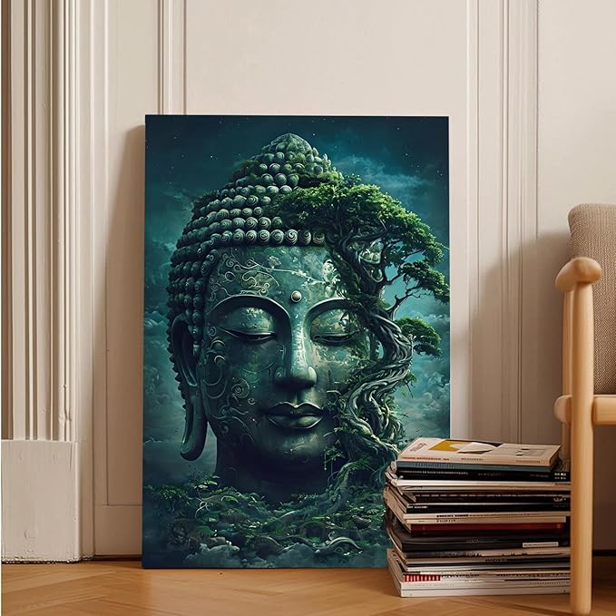 Buddha statue wall art canvas wall decor aesthetic picture mystical nature art for tranquil home and spiritual space 20x30in Frameless