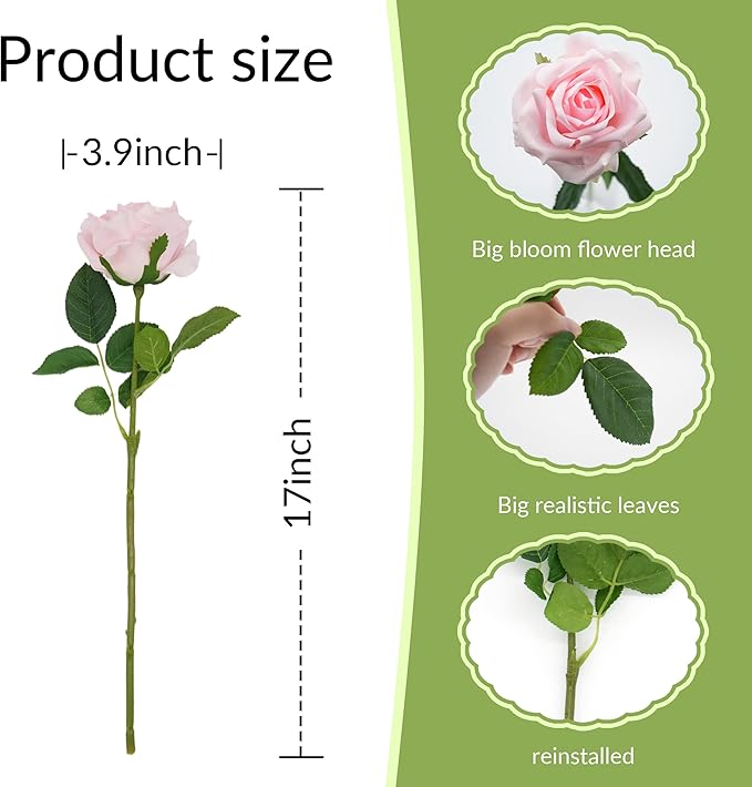 6 Pcs Silk Real Touch Latex Roses, Artificial Single Stem Big Bloom Faux Roses for Home Party Office Wedding Indoor Decor, Floral Arrangements, Table Centerpieces