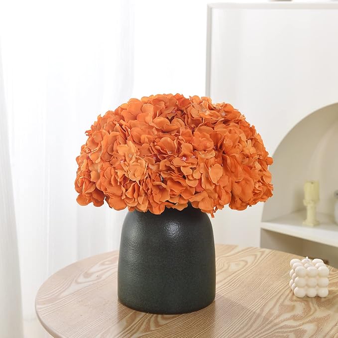 Silk Hydrangea Heads with Stems Artificial Flowers Heads for Home Wedding Decor,Pack of 10 (Orange)