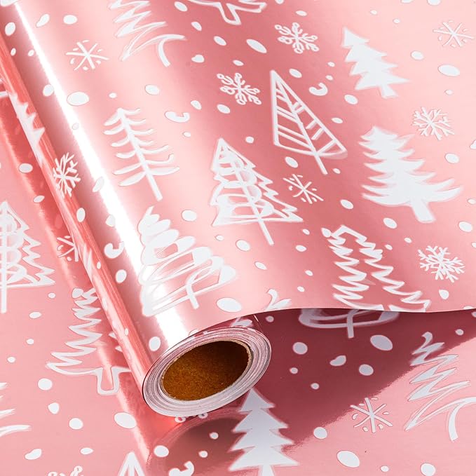 MAYPLUSS Pink Christmas Wrapping Paper Roll - 17IN X 33FT - Gift Wrapping Paper Featuring Christmas Tree Snowflake Reversible HO for Kids, Holiday, New Year