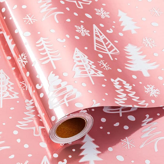 MAYPLUSS Pink Christmas Wrapping Paper Roll - 17IN X 33FT - Gift Wrapping Paper Featuring Christmas Tree Snowflake Reversible HO for Kids, Holiday, New Year