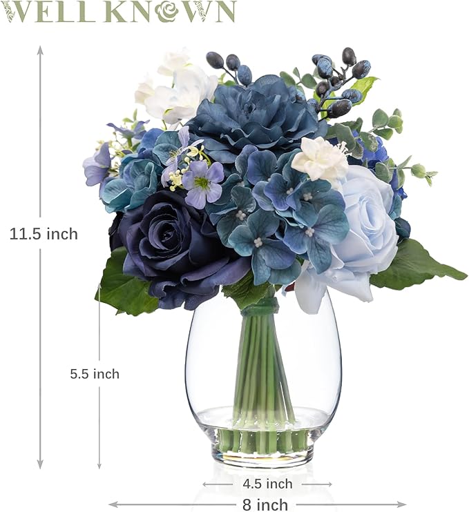 WELL KNOWN Fake Flowers in Vase with Fake Water, Realistic Faux Silk Blue Rose Hydrangea Artificial Flowers Indoor Arrangements Centerpiece for Coffee Table Wedding Party Fall Home Decor (Navy Blue)