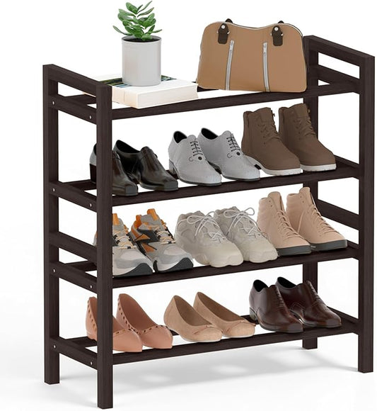 Haddockway Bamboo Shoe Rack for Closet, Free Standing Shoe Organizer with Smooth Round Rods & Convenient Handles, Stackable Shoe Storage Shelf for Entryway, Hallway(Brown, 4-Tier(Small))