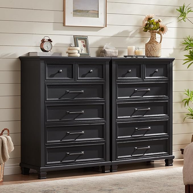 Farmhouse 6 Drawer Dresser for Bedroom, 45 Inch Tall Vintage Wood Chest of Drawers, Mid-Century Dressers w/Square Wooden Legs, Rustic Storage Organizer for Living Room, Hallway, Black