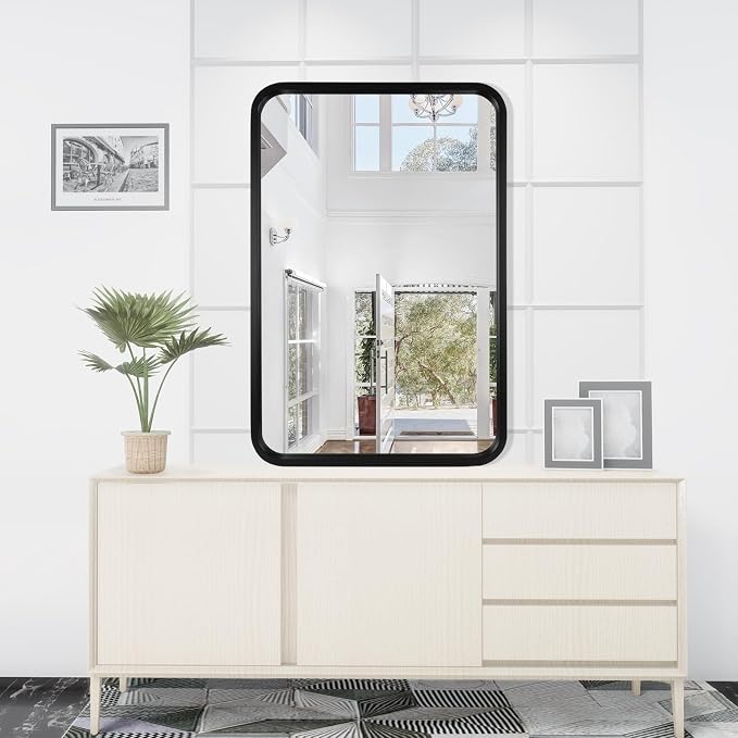 WallBeyond 20x30 Inch Wood Mirror for Bathroom, Wooden Frame Wall Mirror Farmhouse Wall Mounted Rectangle Mirror for Vanity (Horizontal/Vertical Black Color)