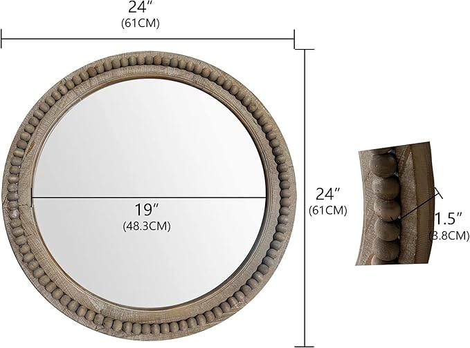 dwellington Rustic Round 24 Inch Wood Wall Circle Mirror with Beads, Decorative Farmhouse Mirror for Living Room, Bedroom, Kitchen, Entryway (Natural)