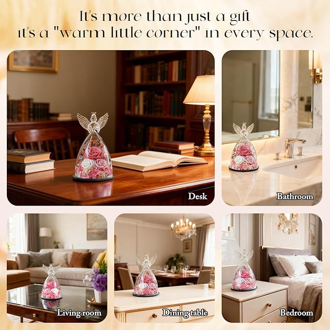 Christmas Roses Gifts for Mom,Preserved Real Flowers Roses in Glass Angel Figurines, for Grandma Women Mom Wife Mother in Law/Pink