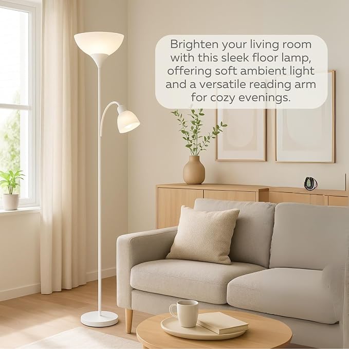 LIGHTACCENTS Floor Lamp with White Plastic Shades, Adjustable Standing Lamp, Reading Light, Head Lamp, Ideal Floor Lamps for Living Room, Measures 12x12x72 inches