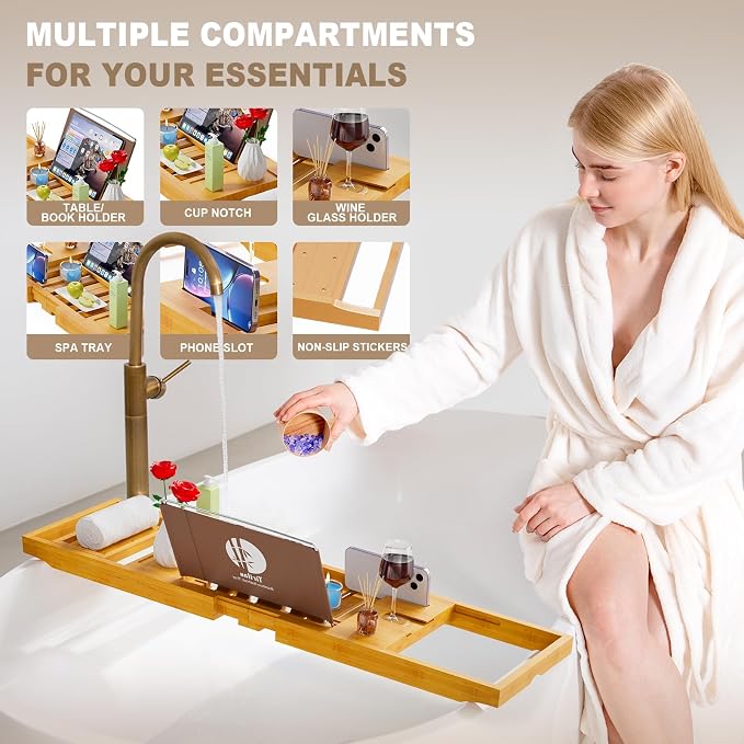Premium Bathtub Tray Caddy, Expandable Bath Tray, Unique House Warming Gifts,Bamboo-New